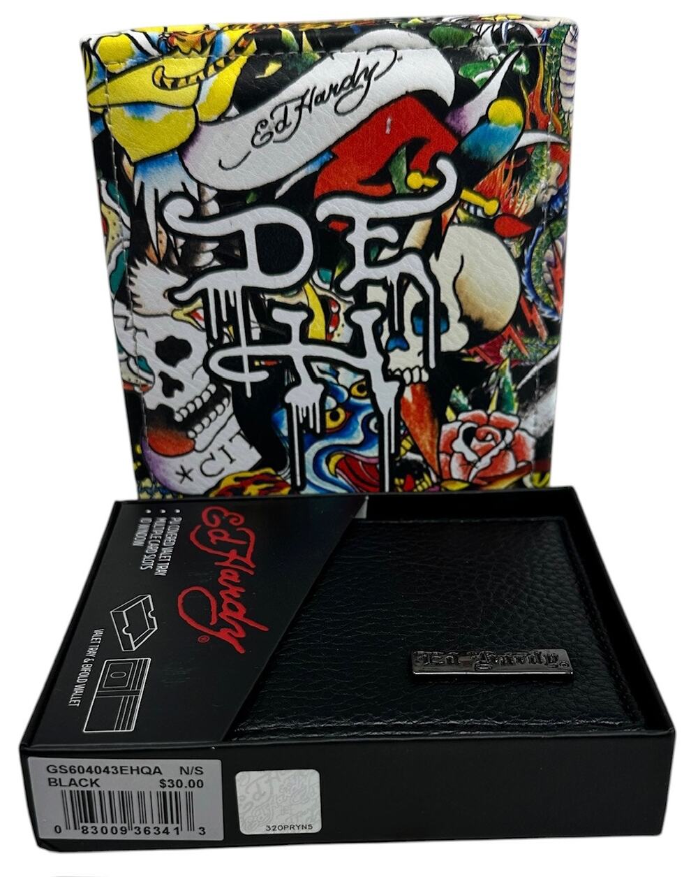 Ed Hardy Men's Bifold Black Wallet With Valet Tray Gift Box
